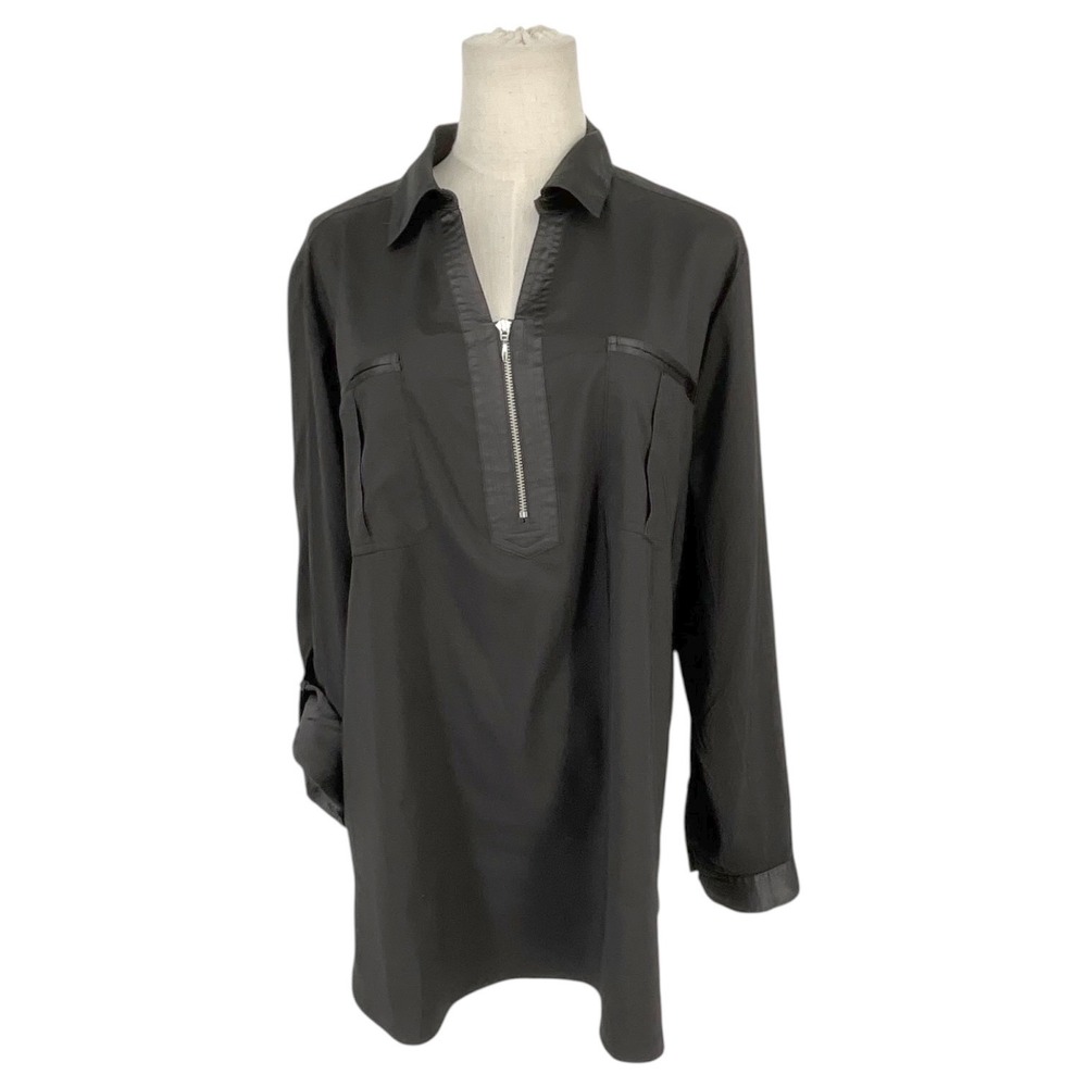 Chicos Black Half Zip Tunic Blouse Roll Tab Long Sleeve Pockets Womens Size 3 XL